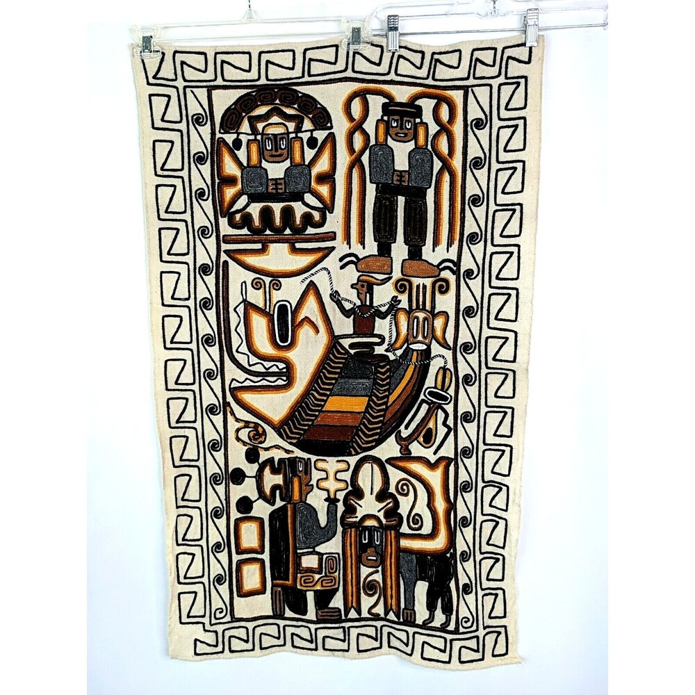 Vintage Embroidered Aztec Mayan Inca Wall Hanging Folk Art Hand Woven Tapestry